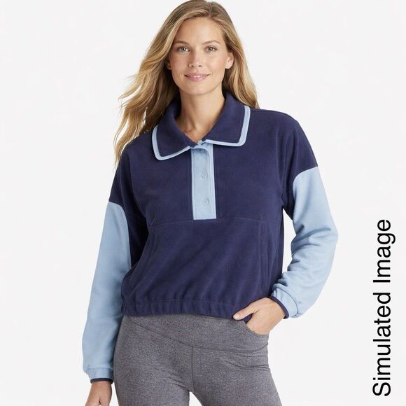 Athleta Tops - Athleta Womens L Navy Fleece Snap Neck Pullover Cropped Zip Pockets